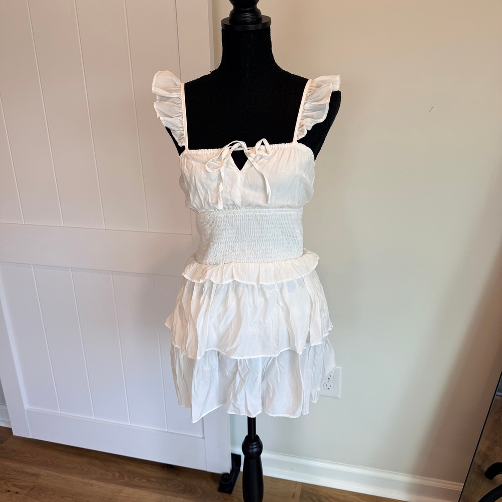 O.VIANCA White‎ Ruffle Tiered Smocked Waist Mini Dress Womens XS